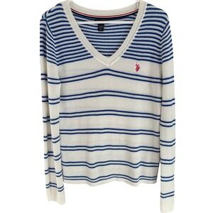 US Polo Assn Womens V-Neck Striped Sweater White Blue Long Sleeve Size L